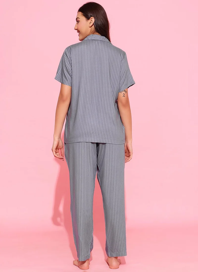 Clovia Grey Clovia Sassy Stripes Button-Down Shirt & Pyjama Set in Dark Grey - Rayon for Women | Best Price UAE