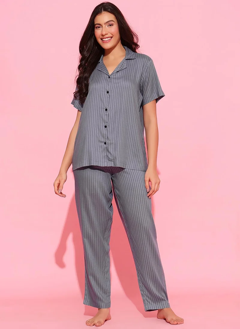 كلوفيا Clovia Sassy Stripes Button-Down Shirt & Pyjama Set in Dark Grey - Rayon