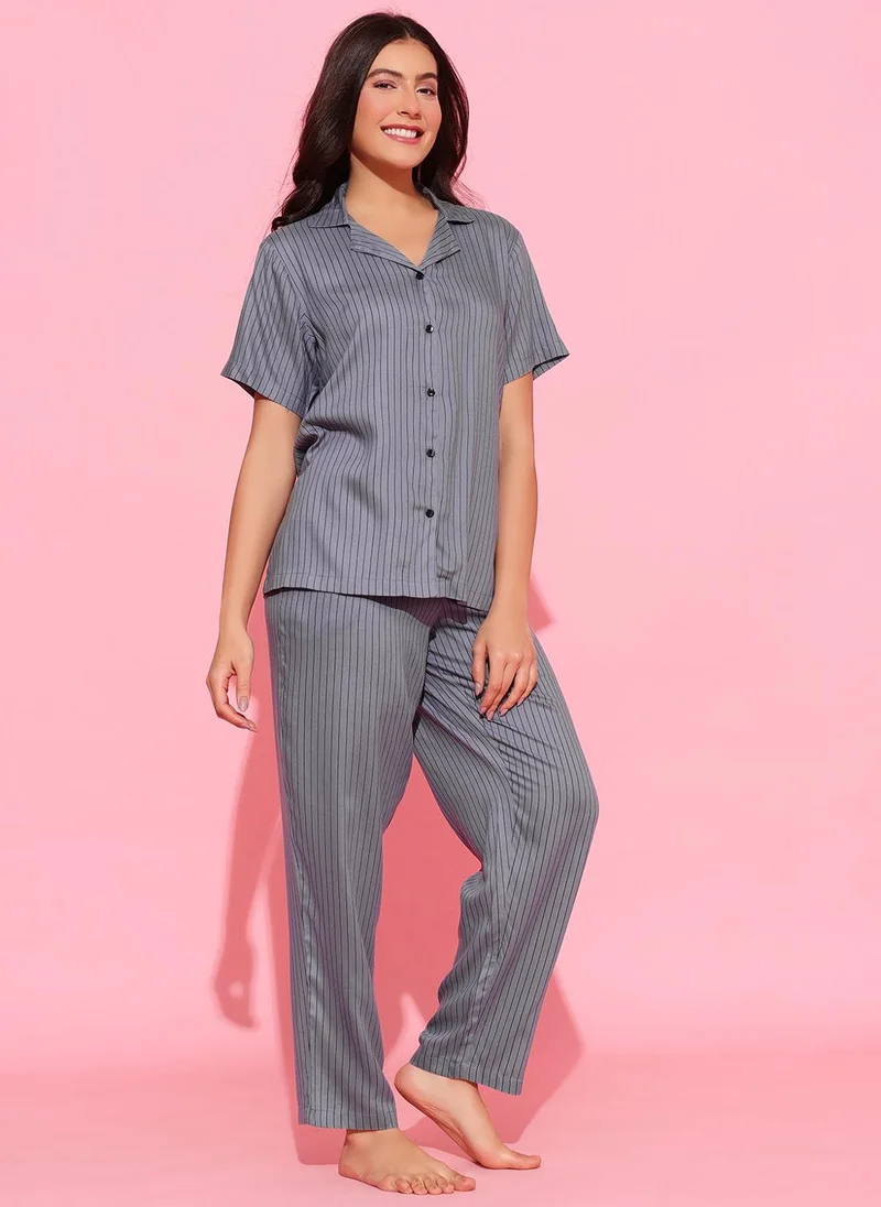 Clovia Grey Clovia Sassy Stripes Button-Down Shirt & Pyjama Set in Dark Grey - Rayon for Women | Best Price UAE
