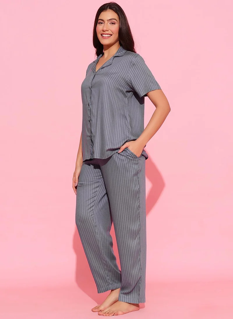 Clovia Grey Clovia Sassy Stripes Button-Down Shirt & Pyjama Set in Dark Grey - Rayon for Women | Best Price UAE