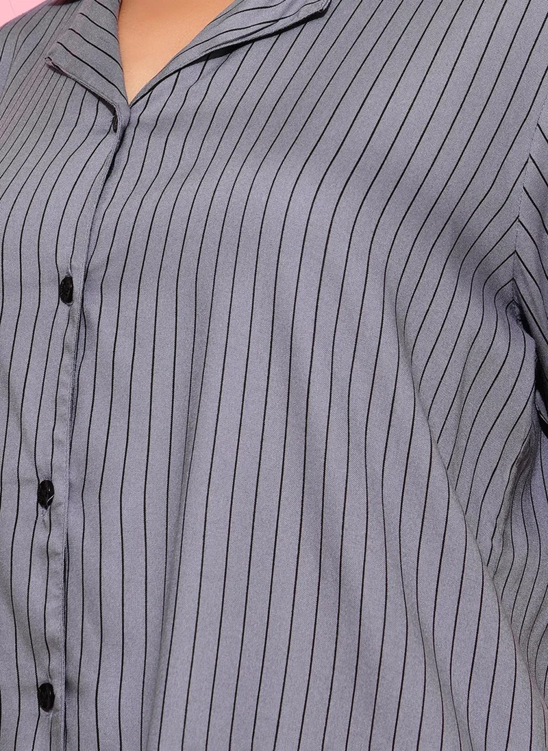 Clovia Grey Clovia Sassy Stripes Button-Down Shirt & Pyjama Set in Dark Grey - Rayon for Women | Best Price UAE