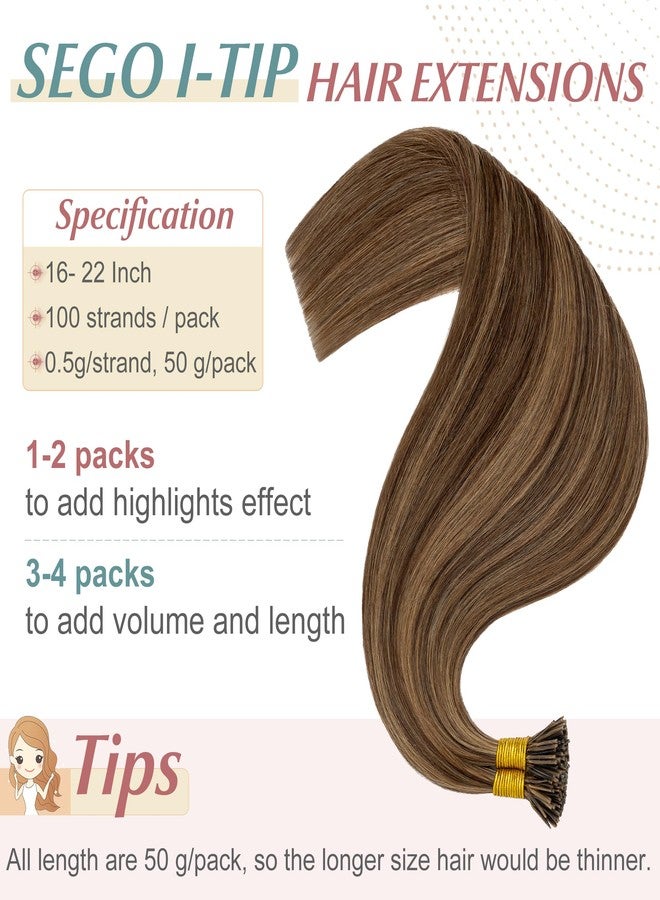 SEGO I Tip Hair Extensions Human Hair Keratin Pre Bonded MicroBeads Tip Balayage Natural Silky Straight Extensions 100 Strands 50g/Pack /16 Inch 4P27 Medium Brown&Dark Blonde - Image 3