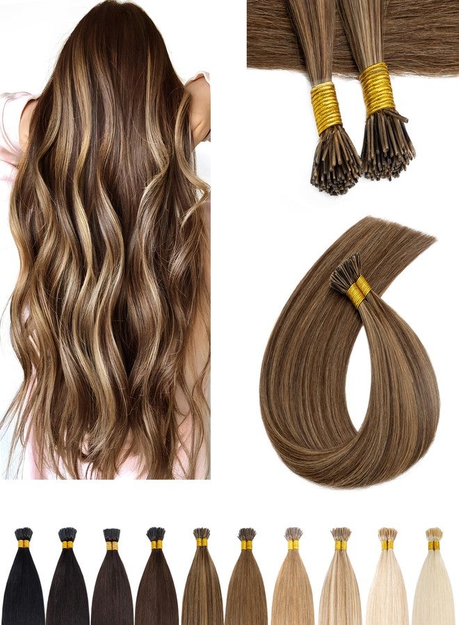 SEGO I Tip Hair Extensions Human Hair Keratin Pre Bonded MicroBeads Tip Balayage Natural Silky Straight Extensions 100 Strands 50g/Pack /16 Inch 4P27 Medium Brown&Dark Blonde - Image 1