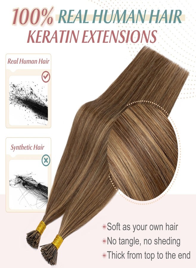 SEGO I Tip Hair Extensions Human Hair Keratin Pre Bonded MicroBeads Tip Balayage Natural Silky Straight Extensions 100 Strands 50g/Pack /16 Inch 4P27 Medium Brown&Dark Blonde - Image 2
