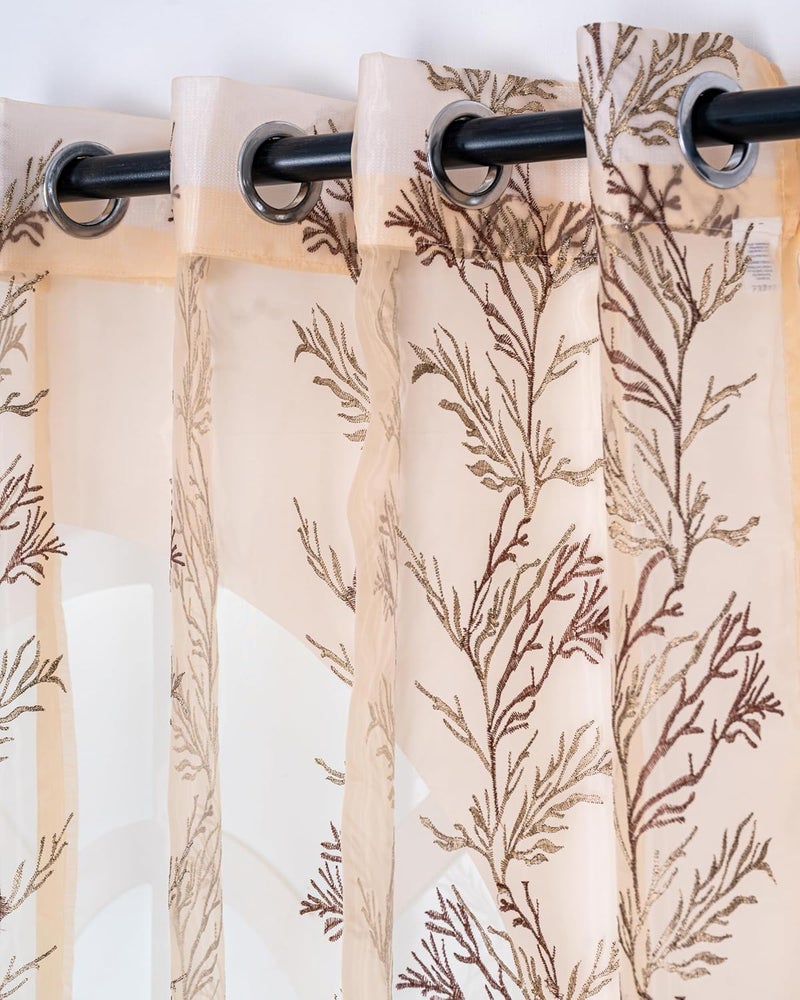 Parda Online 9Ft Brown Sheer Tissue with Embroidery Tree Design Eyelet Window Curtain - Pack of 2 - Image 1
