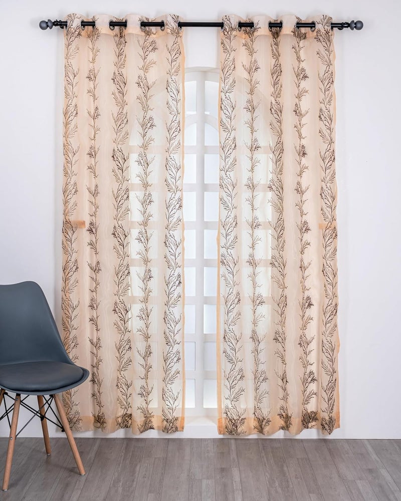 Parda Online 9Ft Brown Sheer Tissue with Embroidery Tree Design Eyelet Window Curtain - Pack of 2 - Image 2