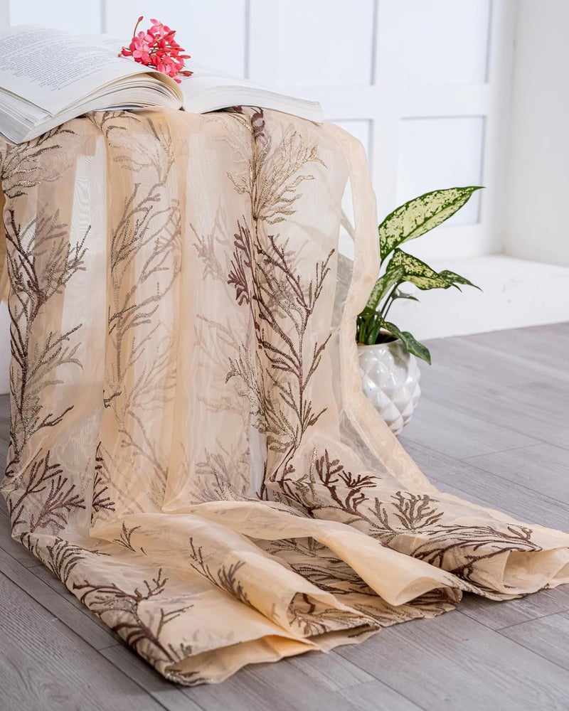 Parda Online 9Ft Brown Sheer Tissue with Embroidery Tree Design Eyelet Window Curtain - Pack of 2 - Image 5