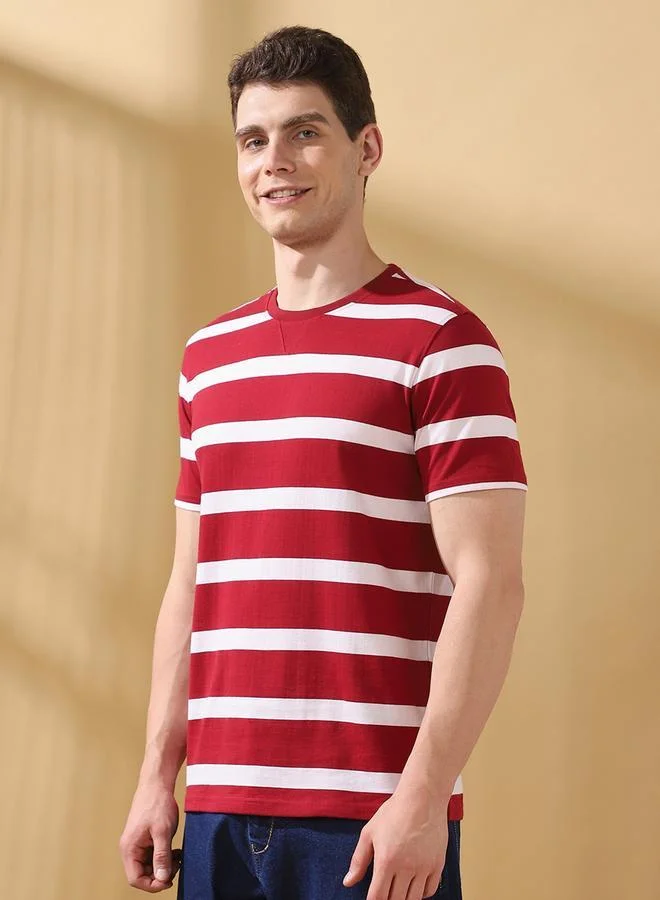 دينيس لينغو تيشيرت رجالي قطن مخطط بقصة عادية لون عنابي