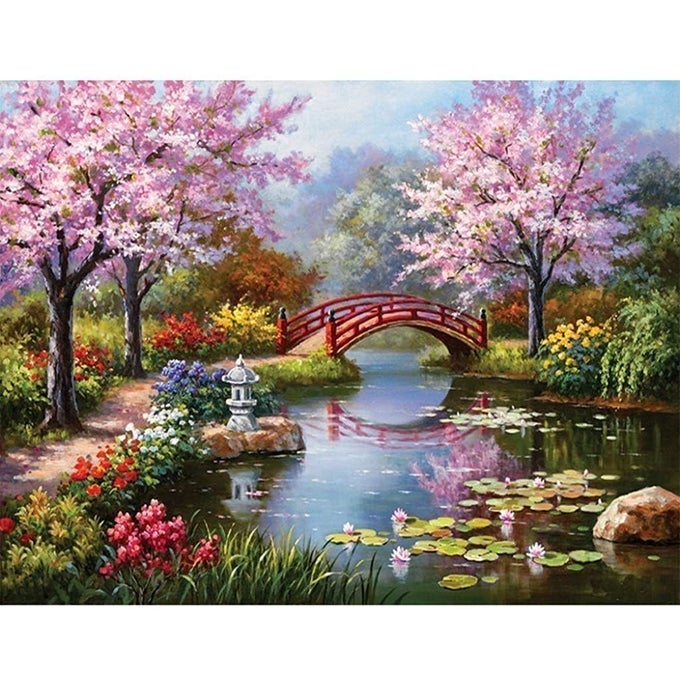 5D DIAMOND PAINTING KIT DIY PAINTING COLORFUL PATTERN RESIN RHINESTONE MOSAIC EMBROIDERY CROSS STITCH CRAFT KIT FOR WALL DCOR GIFT 30 X 40CM PEACH BLOSSOM BRIDGE