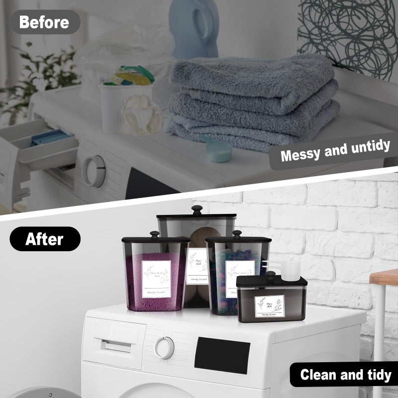 Zingbee 4 Pack Laundry Detergent Containers & Dryer Sheet Holder with Black Lids, Scoops & Labels - Plastic Laundry Organizer and Storage Jars for Pods, Detergent, Scent Booster - Image 4
