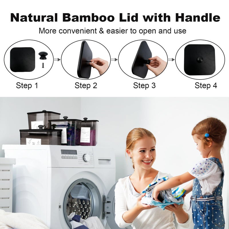 Zingbee 4 Pack Laundry Detergent Containers & Dryer Sheet Holder with Black Lids, Scoops & Labels - Plastic Laundry Organizer and Storage Jars for Pods, Detergent, Scent Booster - Image 5
