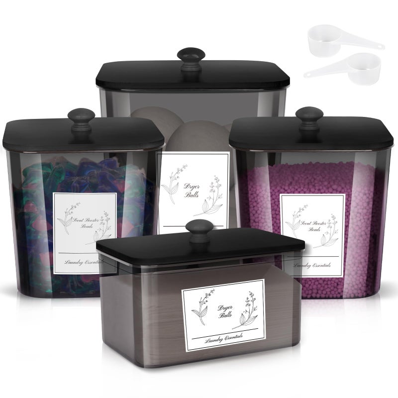Zingbee 4 Pack Laundry Detergent Containers & Dryer Sheet Holder with Black Lids, Scoops & Labels - Plastic Laundry Organizer and Storage Jars for Pods, Detergent, Scent Booster - Image 1