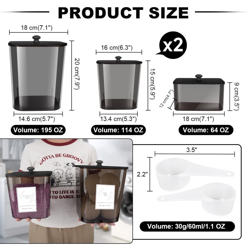 Zingbee 4 Pack Laundry Detergent Containers & Dryer Sheet Holder with Black Lids, Scoops & Labels - Plastic Laundry Organizer and Storage Jars for Pods, Detergent, Scent Booster - Image 2