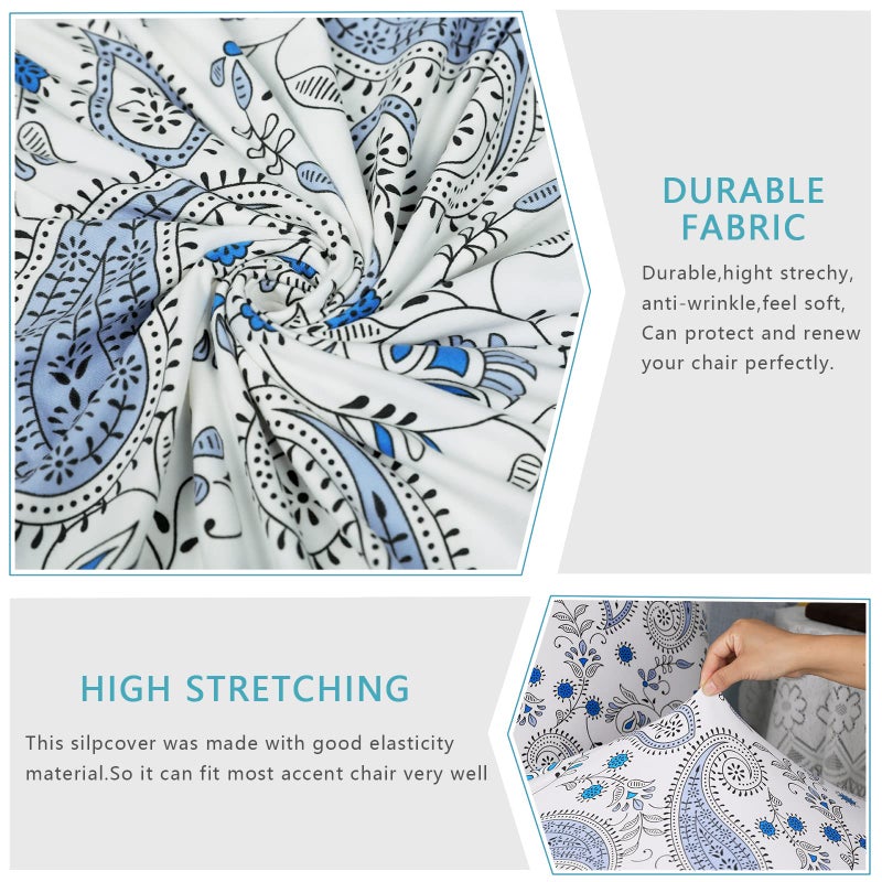Iauddy Armless Accent Slipper Chair Cover Slipcover,Stretch Spandex Printed Removable Non-Slip Silp Cover for Accent Chair Without Arms for Living Dining Room(White/Blue) - Image 2