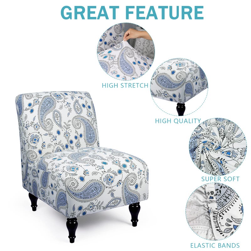 Iauddy Armless Accent Slipper Chair Cover Slipcover,Stretch Spandex Printed Removable Non-Slip Silp Cover for Accent Chair Without Arms for Living Dining Room(White/Blue) - Image 4