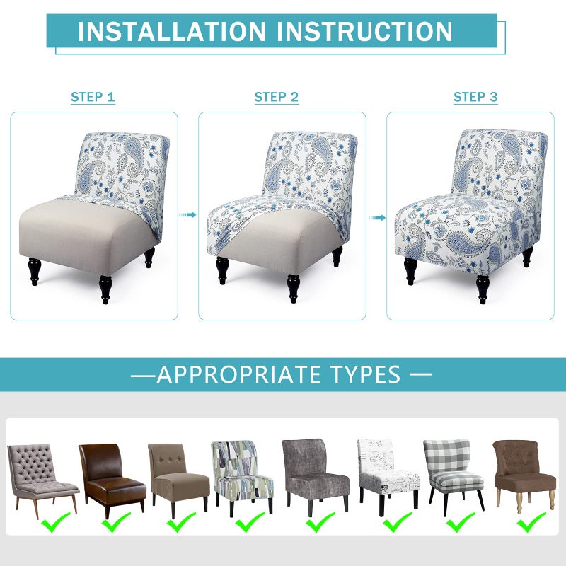 Iauddy Armless Accent Slipper Chair Cover Slipcover,Stretch Spandex Printed Removable Non-Slip Silp Cover for Accent Chair Without Arms for Living Dining Room(White/Blue) - Image 3