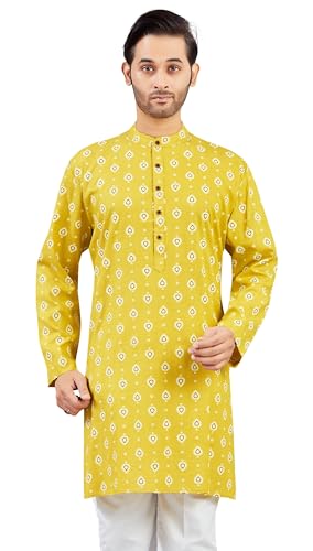 Studio Shringaar Men's Haldi Yellow Cotton Printed Knee Length Relax Fit Kurta (Yellow, 3XL) - Image 1