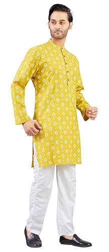 Studio Shringaar Men's Haldi Yellow Cotton Printed Knee Length Relax Fit Kurta (Yellow, 3XL) - Image 5
