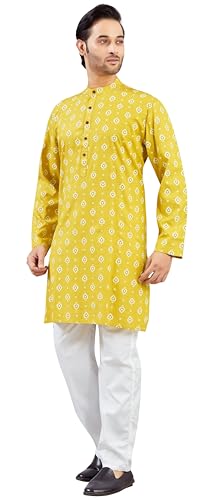Studio Shringaar Men's Haldi Yellow Cotton Printed Knee Length Relax Fit Kurta (Yellow, 3XL) - Image 3
