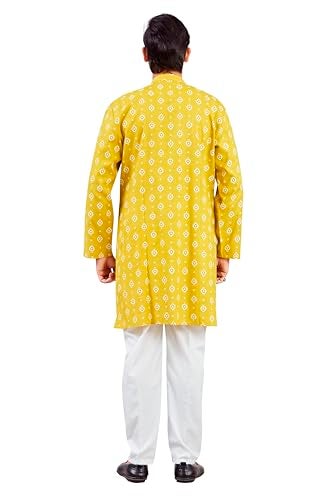 Studio Shringaar Men's Haldi Yellow Cotton Printed Knee Length Relax Fit Kurta (Yellow, 3XL) - Image 2