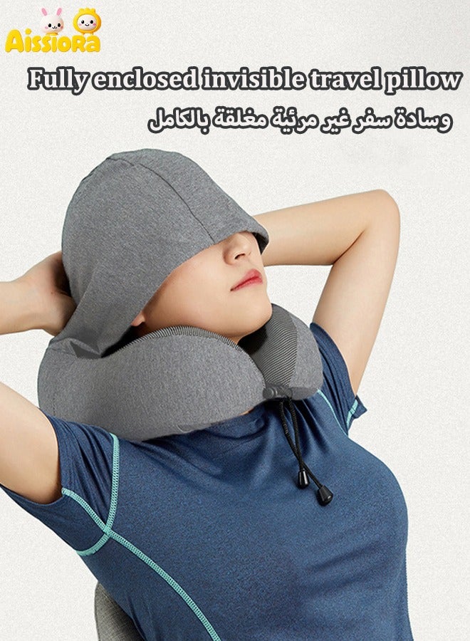 U-shaped travel pillow with hat, U-shaped neck pillow, Memory foam travel pillow, Wearing a hat to block light, Protecting privacy, Adult airplane pillows, Provide neck support, Portable pillow, Used for office car, train, long-distance flight, sleep (light gray) - Image 1