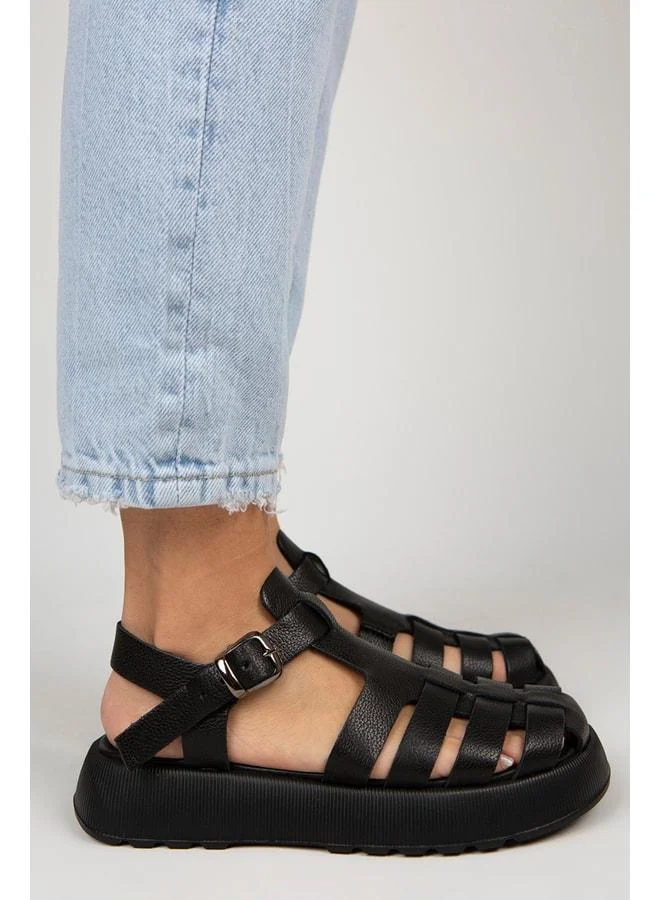 Rosa Women's Genuine Leather Buckle Black Sandal.