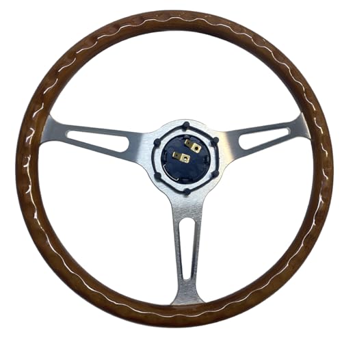 Hiracing15 inch Wooden Grain Steering Wheel 1.75'' Depth Silver Brushed 3-Spoke Classic Wood Steering Wheel 380mm With Horn Button 6 Bolts (022), Brown - Image 5