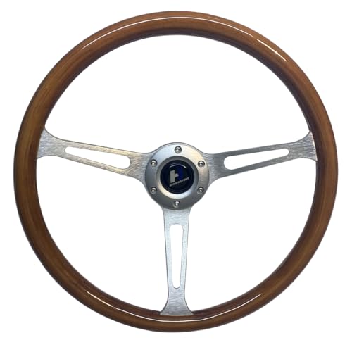 Hiracing15 inch Wooden Grain Steering Wheel 1.75'' Depth Silver Brushed 3-Spoke Classic Wood Steering Wheel 380mm With Horn Button 6 Bolts (022), Brown - Image 1