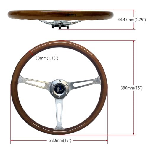 Hiracing15 inch Wooden Grain Steering Wheel 1.75'' Depth Silver Brushed 3-Spoke Classic Wood Steering Wheel 380mm With Horn Button 6 Bolts (022), Brown - Image 2