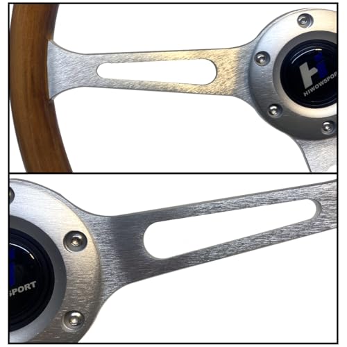 Hiracing15 inch Wooden Grain Steering Wheel 1.75'' Depth Silver Brushed 3-Spoke Classic Wood Steering Wheel 380mm With Horn Button 6 Bolts (022), Brown - Image 3