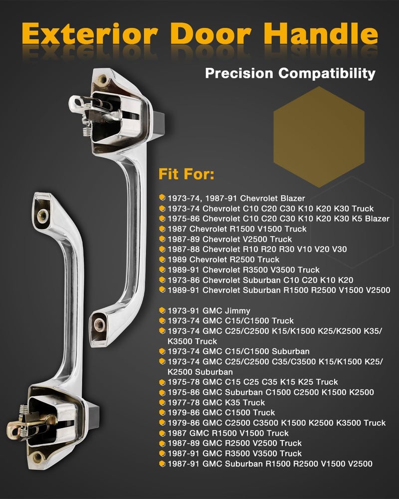 Gledewen Metal Exterior Door Handles (Pair), Compatible with 1973-1991 Chevy C/K/R/V 10 20 30 1500 2500 3500, GMC C/K 15 25 35 R/V 1500 2500 3500 Pickup Suburban Blazer, Front Left & Right, OE# 77047 90025 - Image 2