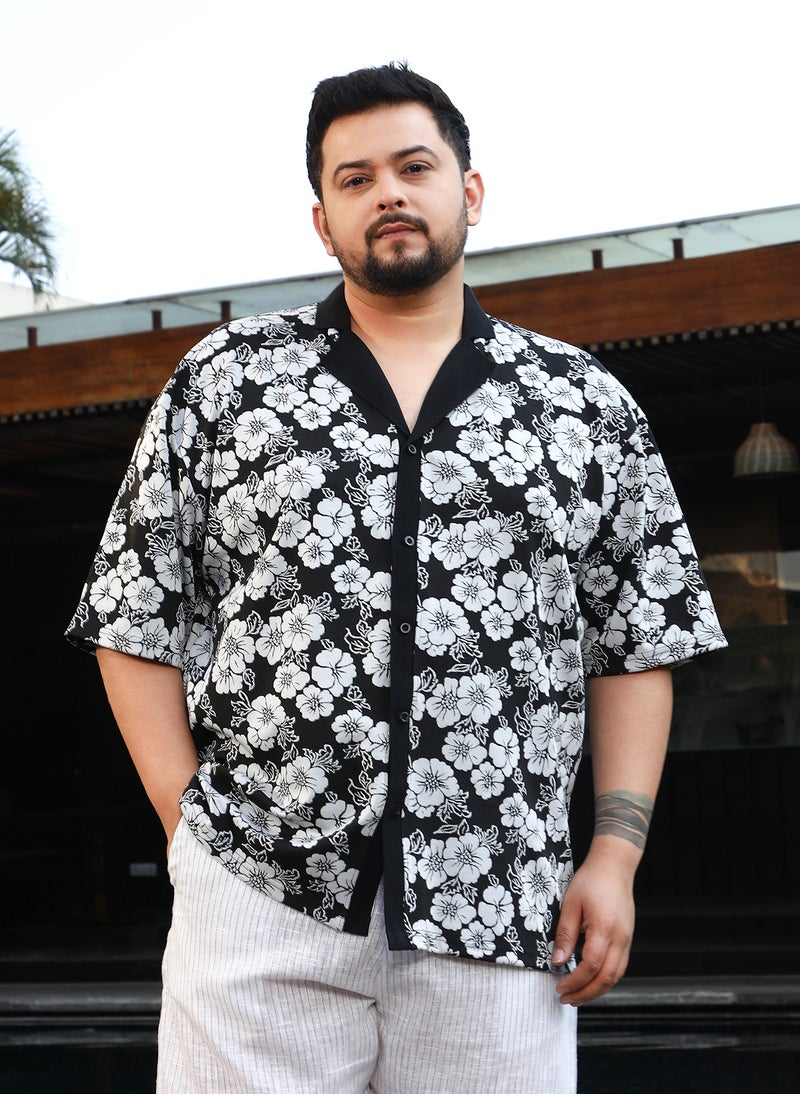 Instafab Plus Instafab Plus Men's Black & White Bloom-Imprint Cuban-Polo Shirt For Casual Wear | Polo Neck | Short Regular Sleeves | Button Closure | Plus Size Shirt Crafted With Comfort Fit For Everyday Wear  - Image 2