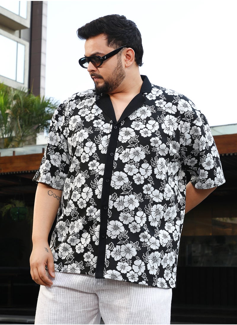 Instafab Plus Instafab Plus Men's Black & White Bloom-Imprint Cuban-Polo Shirt For Casual Wear | Polo Neck | Short Regular Sleeves | Button Closure | Plus Size Shirt Crafted With Comfort Fit For Everyday Wear  - Image 1