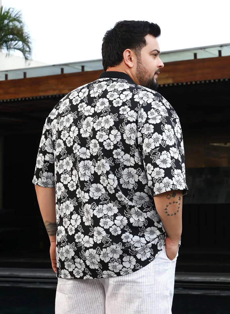 Instafab Plus Instafab Plus Men's Black & White Bloom-Imprint Cuban-Polo Shirt For Casual Wear | Polo Neck | Short Regular Sleeves | Button Closure | Plus Size Shirt Crafted With Comfort Fit For Everyday Wear