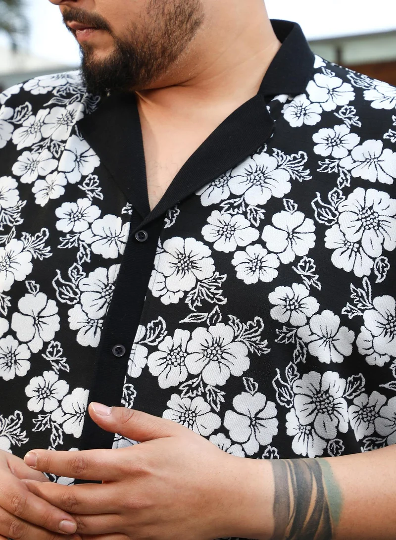 Instafab Plus Instafab Plus Men's Black & White Bloom-Imprint Cuban-Polo Shirt For Casual Wear | Polo Neck | Short Regular Sleeves | Button Closure | Plus Size Shirt Crafted With Comfort Fit For Everyday Wear