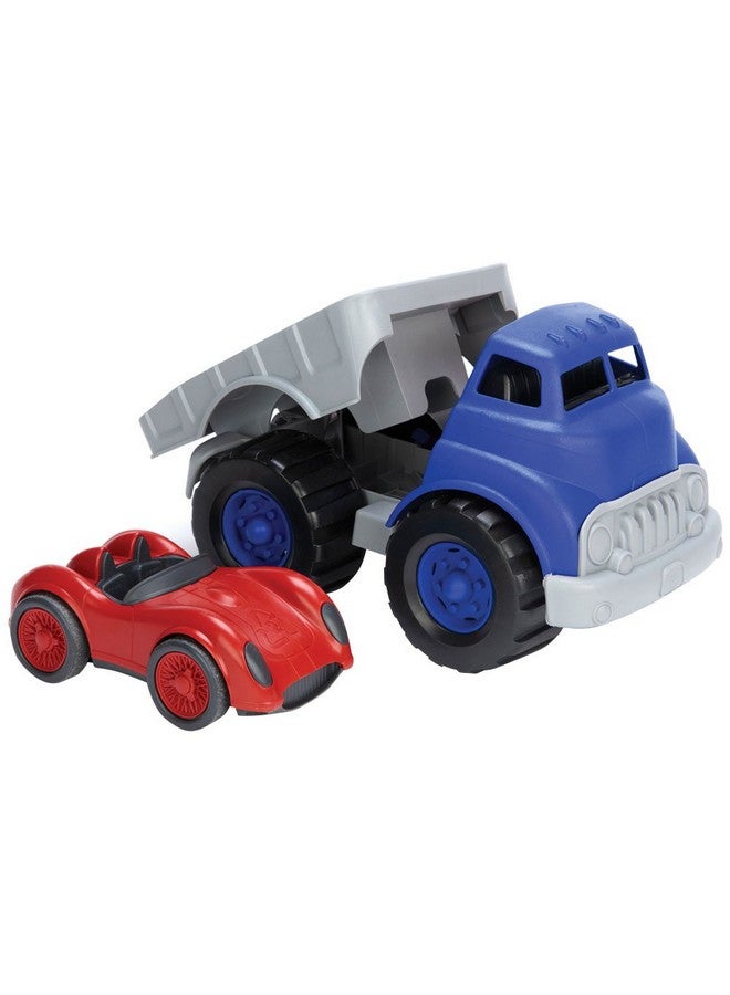 جرين تويز شاحنة مسطحة من Green Toys باللون الأزرق/الرمادي وسيارة سباق باللون الأحمر، من عمر 12 شهرًا إلى 6 سنوات - Image 2