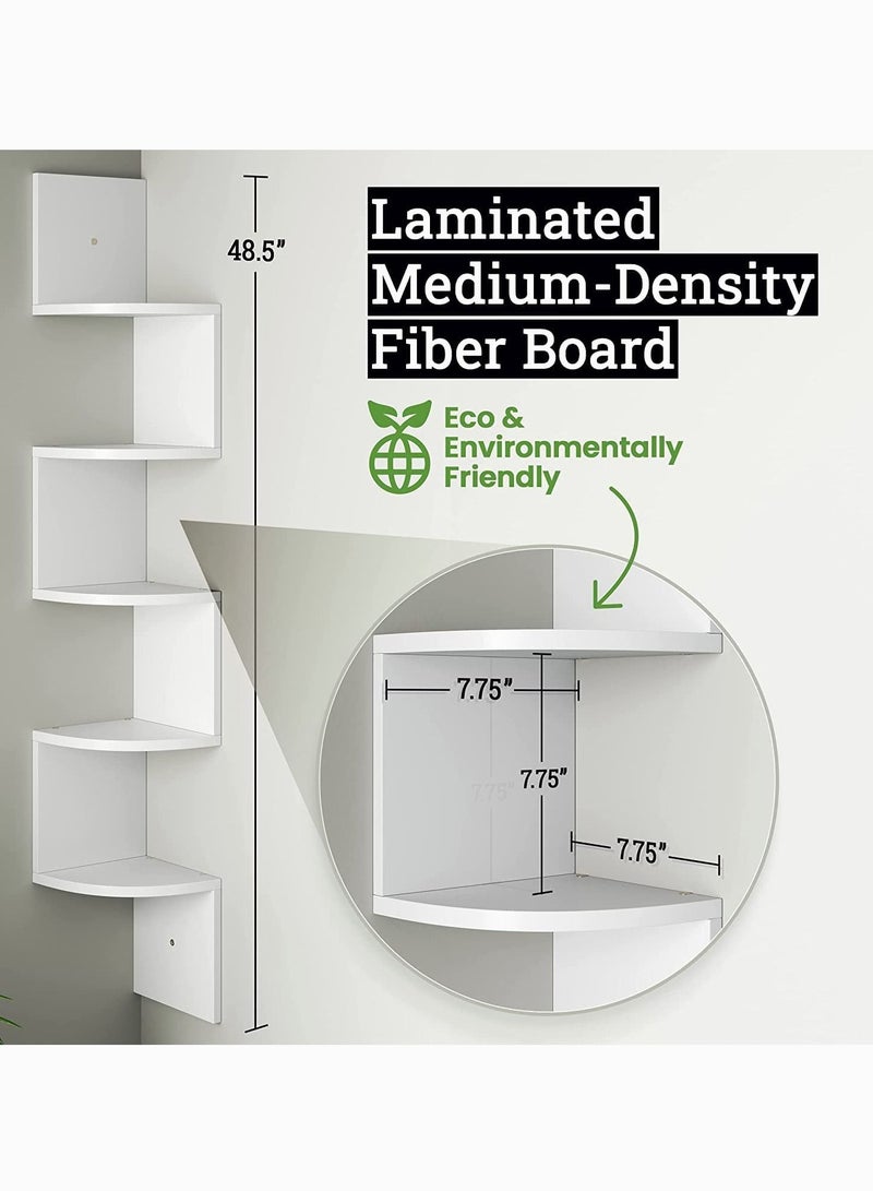 ميكسد رفوف الزاوية 5-story رفوف لتخزين الجدار ، من السهل تجميع العائمة رفوف الحائط لغرف النوم وغرفة المعيشة ، اسبرسو التشطيبات ( أبيض ) - Image 2