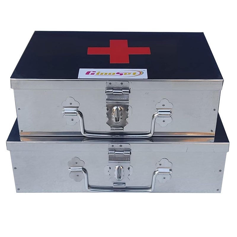 GinoSet Stainless Steel Rectangular Empty Medicines StorageFirst Aid Box For all use Set of 2 pic Silver color 1st 9 inch 2nd10 inch - Image 1