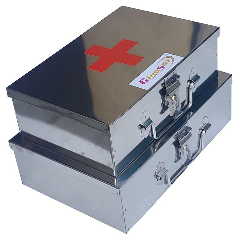 GinoSet Stainless Steel Rectangular Empty Medicines StorageFirst Aid Box For all use Set of 2 pic Silver color 1st 9 inch 2nd10 inch - Image 3