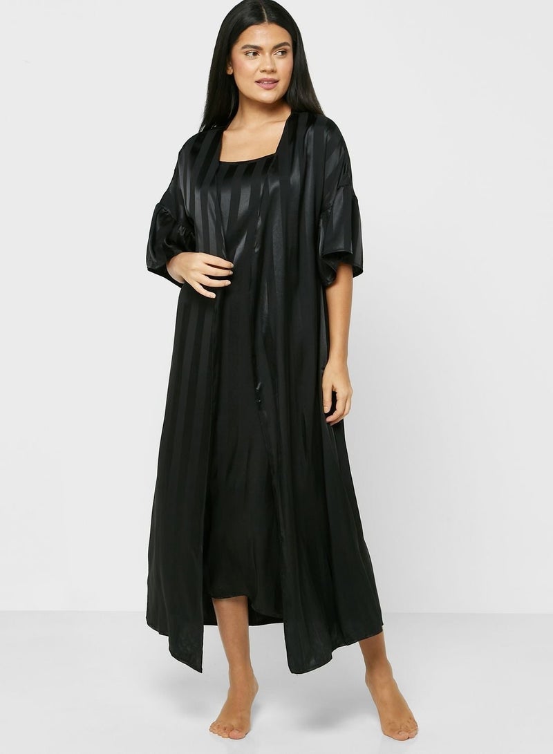 2 Piece Stripe Pyjama Set Night Robe & Dress - Image 5