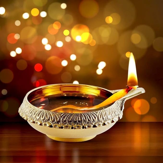 ROLIMOLI Pure Brass Kuber Aarti Akhand Diya Deepak Oil lamp On Table Diya Set for Lakshmi Puja Home Decor Mandir Temple Festival Gift Set of 1 - Image 1