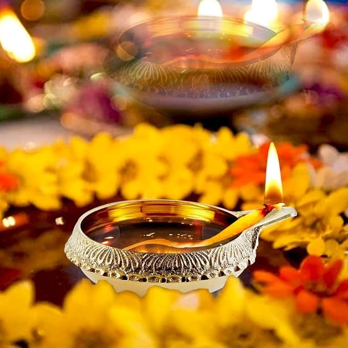 ROLIMOLI Pure Brass Kuber Aarti Akhand Diya Deepak Oil lamp On Table Diya Set for Lakshmi Puja Home Decor Mandir Temple Festival Gift Set of 1 - Image 2