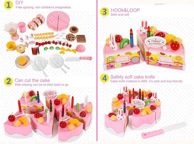 HenMerry 75PCS Birthday Cake Toy DIY Cutting Cake Play Set Kids Play Kitchen Food Pretend Play Cake Toy Best for Girls Birthday Party Gift (75PCS Pink) - Image 5