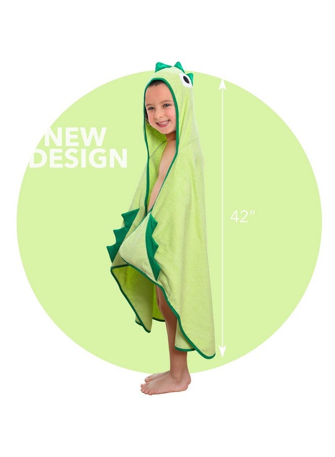 Piggy Button Kids Hooded Towel | Green Dinosaur Design | Premium Hooded Towel for Kids | Ultra Soft & Extra Large | 100% Cotton Terry Cloth Bath & Beach Towel, for Boys and Girls (Bright Green) - Image 1