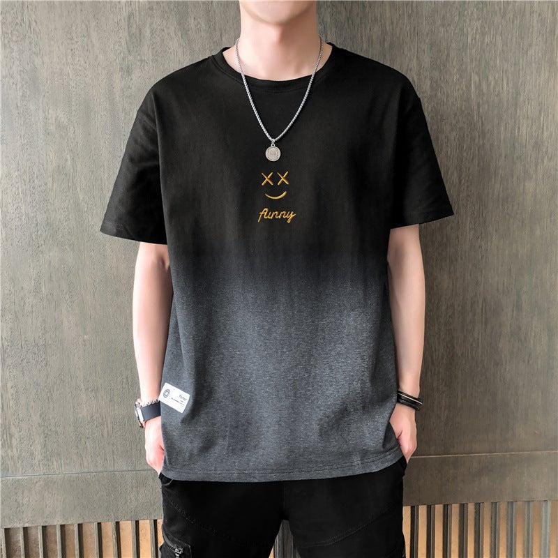 Short-sleeved T-shirt Mens Summer Trendy Brand Gradient Smiley Face Summer Half-sleeved All-match T-shirt Mens Thin Summer Clothing 027 gray