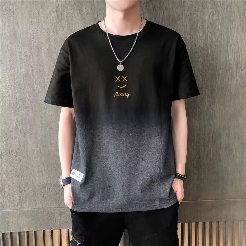 Short-sleeved T-shirt Mens Summer Trendy Brand Gradient Smiley Face Summer Half-sleeved All-match T-shirt Mens Thin Summer Clothing 027 gray