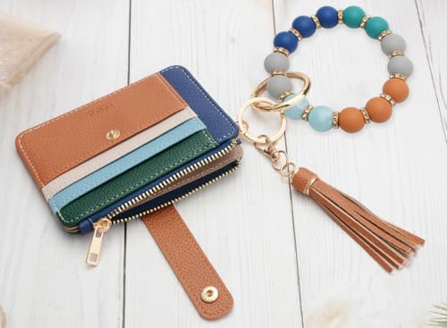 COOLANS Wristlet Bracelet Keychain Card Holder Card Pocket PU Leather Purse Tassel Keychain Bangle Key Ring for Women Girls (Silicone Bead Bracelet+Card Purse (Rainbow)) - Image 4