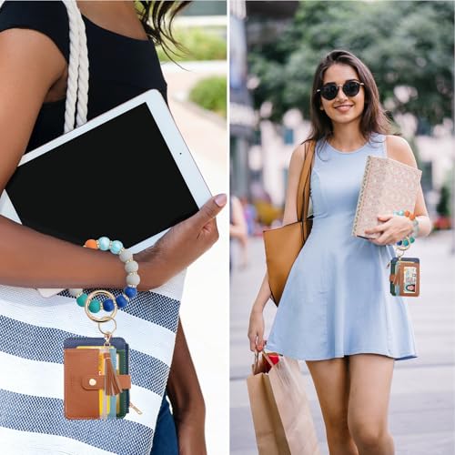 COOLANS Wristlet Bracelet Keychain Card Holder Card Pocket PU Leather Purse Tassel Keychain Bangle Key Ring for Women Girls (Silicone Bead Bracelet+Card Purse (Rainbow)) - Image 3