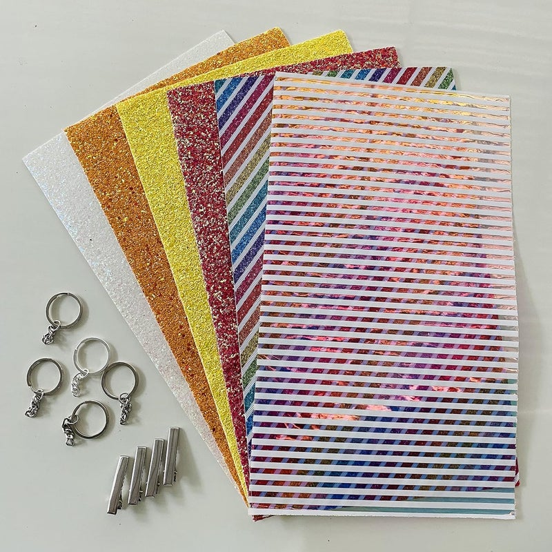 GET INSPIRED Get Inspired Glitter Fabric PU Leather Fabric Sheet for Craft DIY 26 PCS Bow Making Purse Making or Decoration kit with Templates Clips Key Rings BMK40  - Image 1