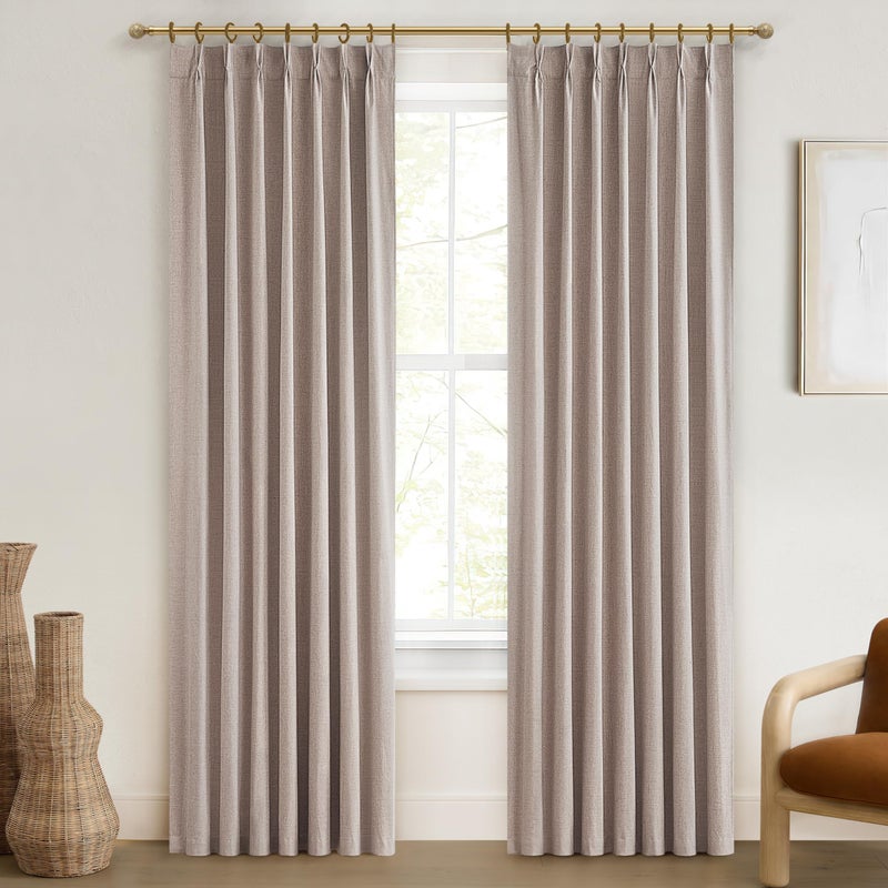 QJmydeco Living Room Curtains 84 Inches Long Tan Beige Pinch Pleated Linen Basics Window Curtains Total Blackout Burlap Sunblock Thermal Drapes for Summer Cabin/Office/Nursery Room Divider (40""x84"" 2panels)  - Image 1